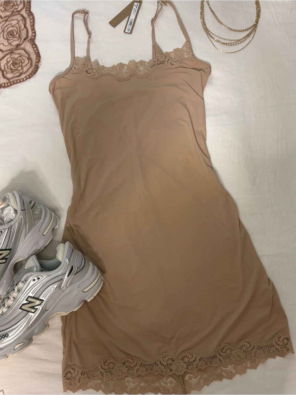 SKIMS Lace-Trim Slip Chemise in Nude Tan